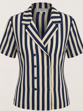 Vintage The Villager Navy & Cream Striped Double-Breasted Short Sleeve Blazer